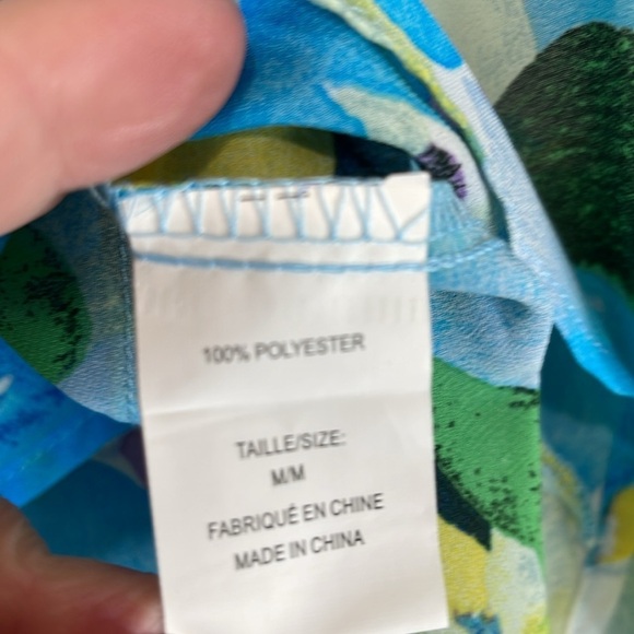 Suzy Shier Floral Chiffon Tunic Top Bright Blue Yellow Crossover Hi Low Hem M - Picture 10 of 13